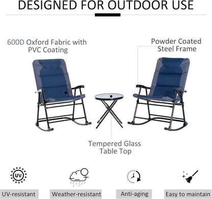 Three Piece Outdoor Patio Furniture Set With Glass Coffee Table And Two Folding Padded Rocking Chairs Navy Blue