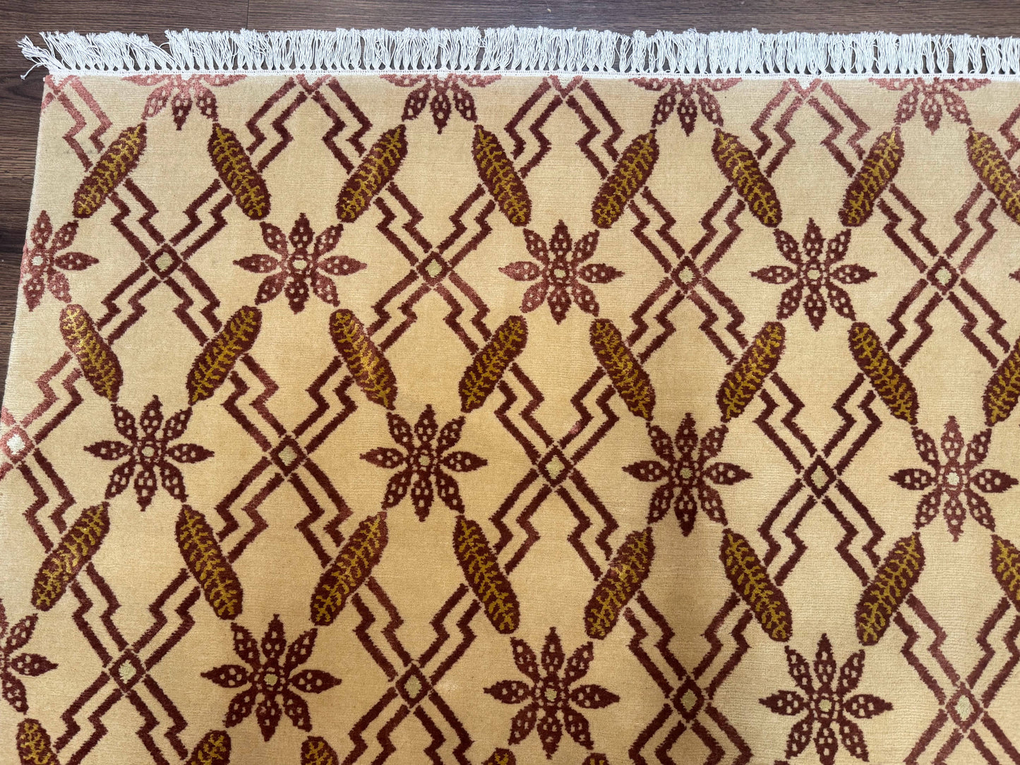 Tibetan Rug 8x10, Wool with Silk Highlights, Beige and Maroon, Contemporary Carpet