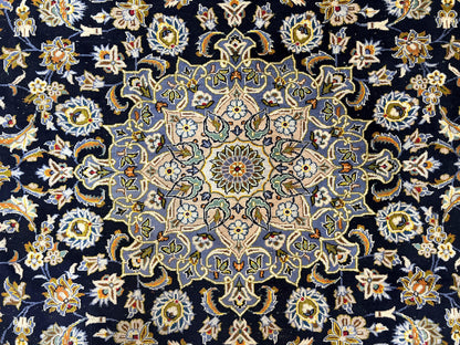 Wonderful Navy Blue Persian Kashan Rug 11x13, Allover Floral Design with Central Medallion, Wool Hand-Knotted Antique Carpet, Signed Rabani Rug