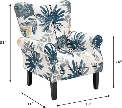 Blue Tufted Armchair With Linen Upholstery And Wood Legs