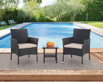 Wicker Bistro Set Cushioned Chairs Coffee Table Black Beige