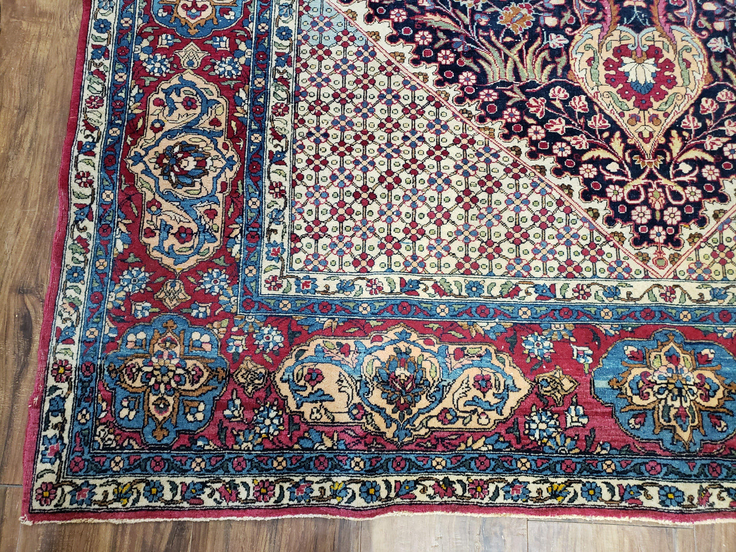 Antique Persian Tehran Rug 5x8, Midnight Blue and Red, Hand-Knotted, Wool