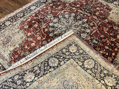 Pak Persian Rug 8x10, Wool Hand Knotted Vintage Carpet, Dark Red & Navy Blue, Dome Design Floral Medallion Rug, 8 x 10 Oriental Rug
