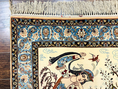 Persian Isfahan Pictorial Rug, Two Lovers, Kork Wool on Silk Foundation, Ivory and Light Blue, 500 KPSI Super Fine