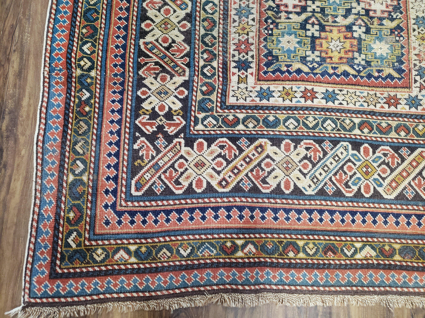 Caucasian Rug 3'9" x 5'7", Antique 1920s Collectible Caucasian Chi Chi Carpet, Hand Knotted, Colorful, Dark Blue Cream Red, Wool, Small Rug