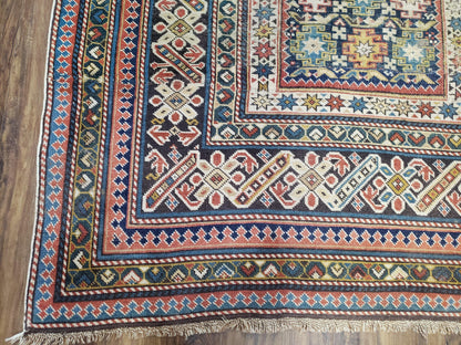 Caucasian Rug 3'9" x 5'7", Antique 1920s Collectible Caucasian Chi Chi Carpet, Hand Knotted, Colorful, Dark Blue Cream Red, Wool, Small Rug
