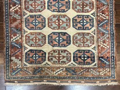 Turkish Kazak Rug 3x4, Wool Hand Knotted Handmade Vintage Carpet, Geometric Tribal Repeated Motif, Small 3 x 4 Antique Rug, Cream Red
