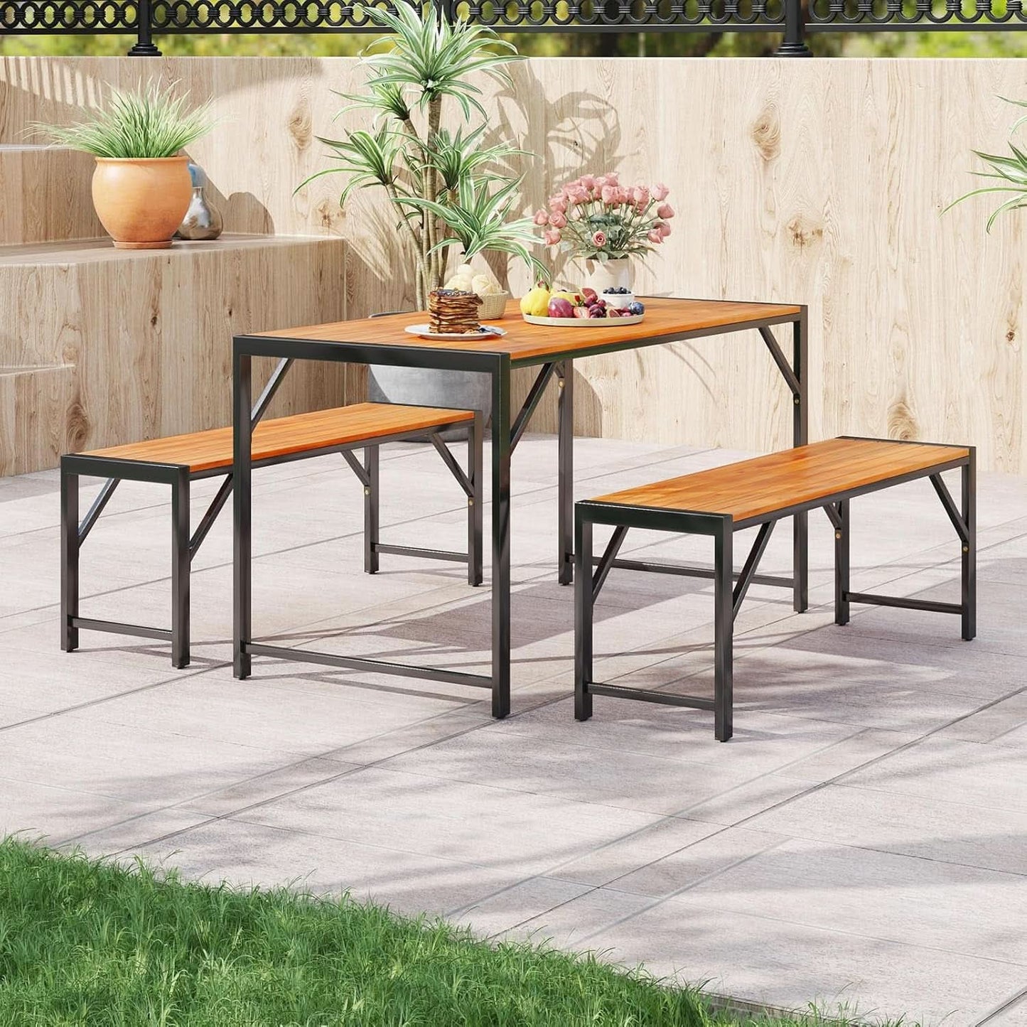 3 Piece Patio Dining Set For Six With 53 Inch Acacia Wood Table And Space Saving Benches