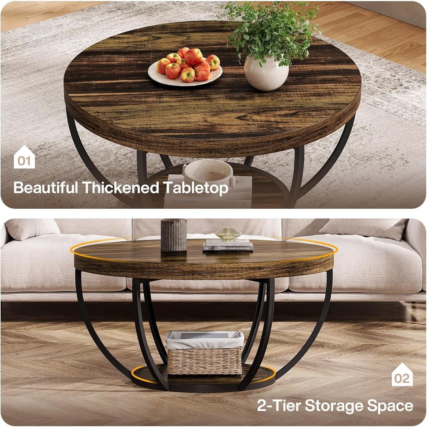 Round Coffee Table 31.7Inches Rustic Brown Storage