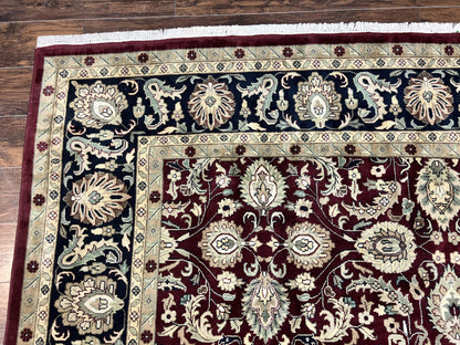 Indo Persian Rug 10x14, Floral Allover, Maroon, Handmade Hand Knotted VIntage Wool Rug, Large Oriental Carpet