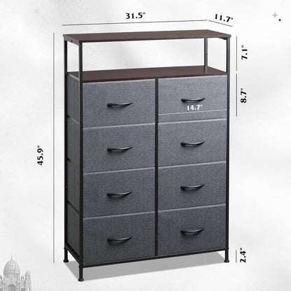 Charcoal Gray Fabric Dresser With Shelves And 8 Drawers