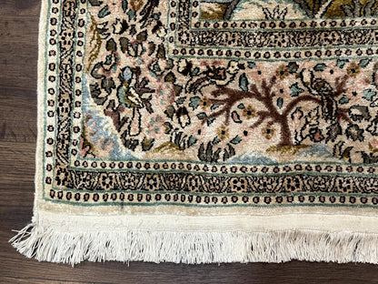 Indian Kashmiri Silk Rug 4x7, Tree of Life Design, Very Fine 380 KPSI, Birds