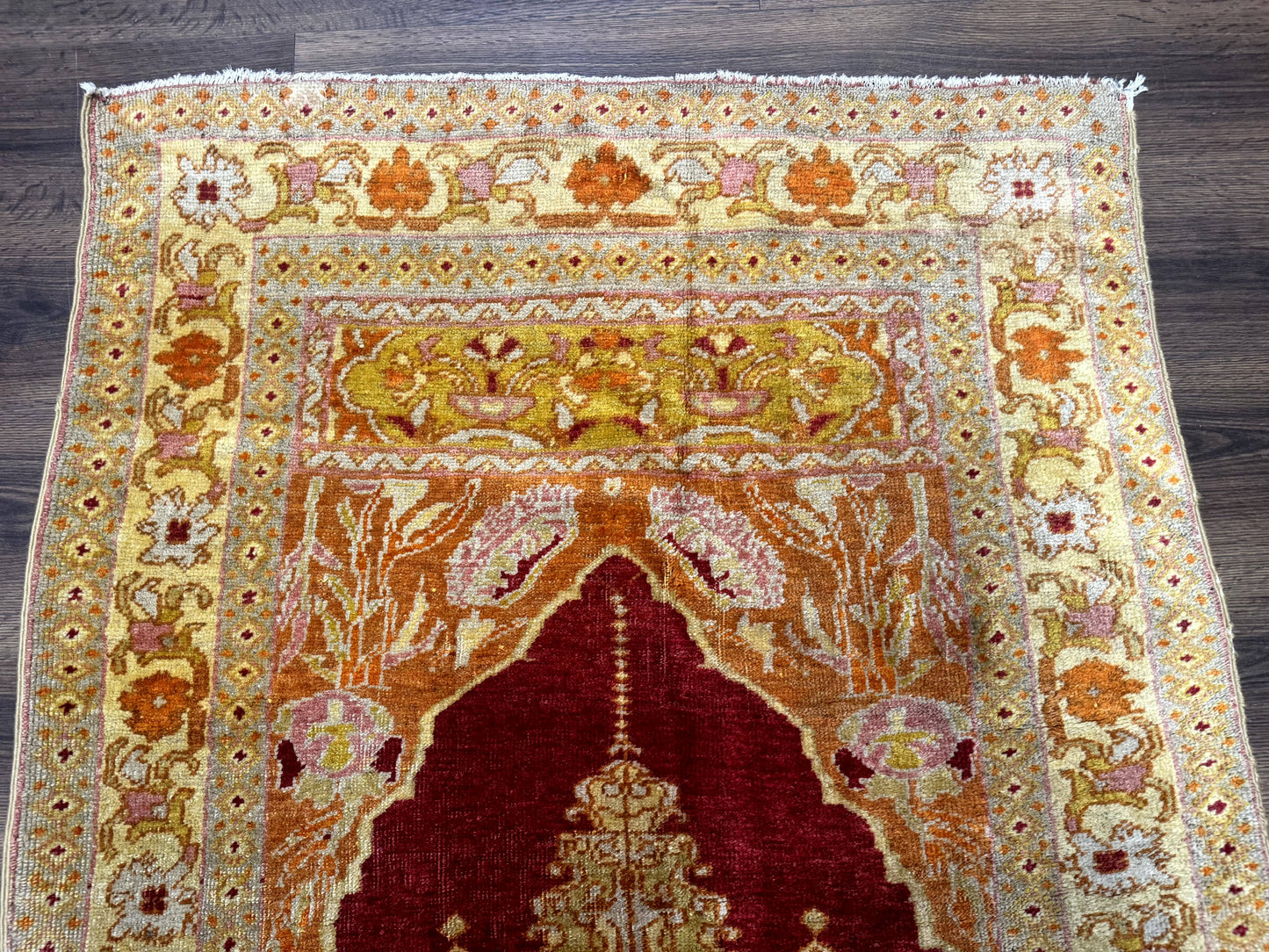 Antique Turkish Prayer Rug 4x6, Red and Golden Mustard, Mihrab Design, Anatolian Carpet