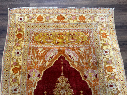 Antique Turkish Prayer Rug 4x6, Red and Golden Mustard, Mihrab Design, Anatolian Carpet