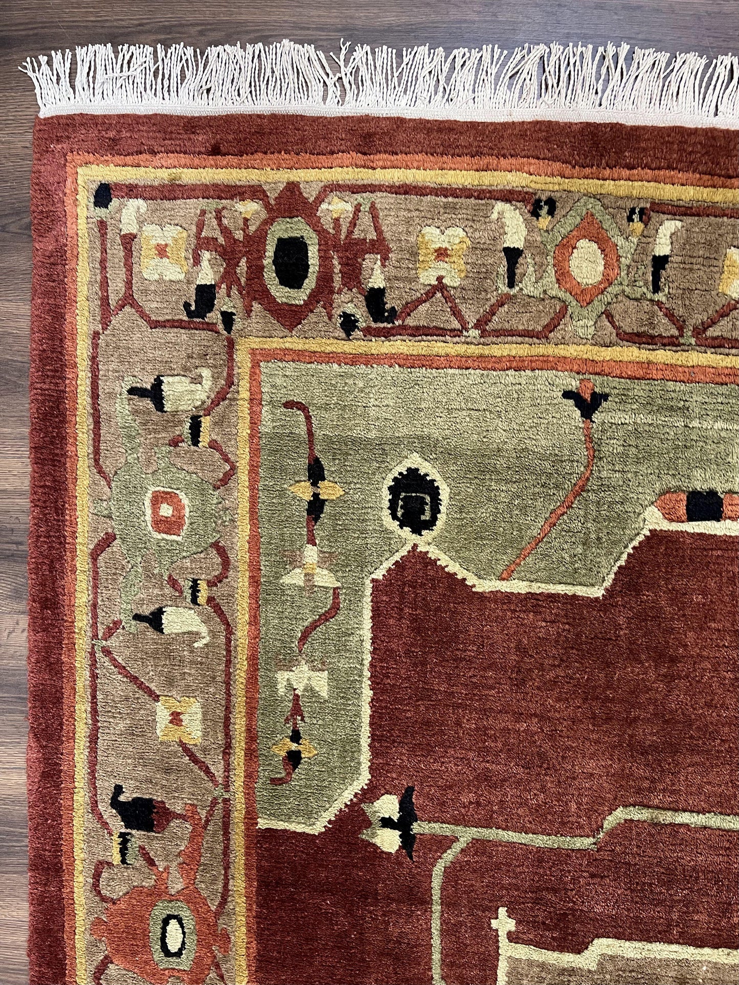 Tibetan Rug 7x10, Geometric Medallion, Red Green Taupe, Hand Knotted, Soft Wool Area Rug, Contemporary Carpet, Handmade Nepali Rug 7 x 10 ft