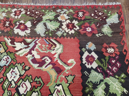 Karabakh Rug 8x11, Caucasian Kilim Rug, Vintage Antique Turkish Anatolian Azerbaijani Carpet, Wool Red & Black Hand-Woven 8 x 11 Living Room