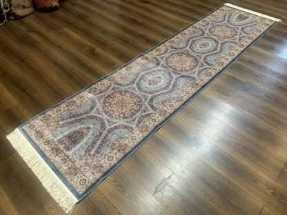 Turkish Silk Runner Rug 2.6 x 10, Light Blue Carpet, Bamboo Silk, New