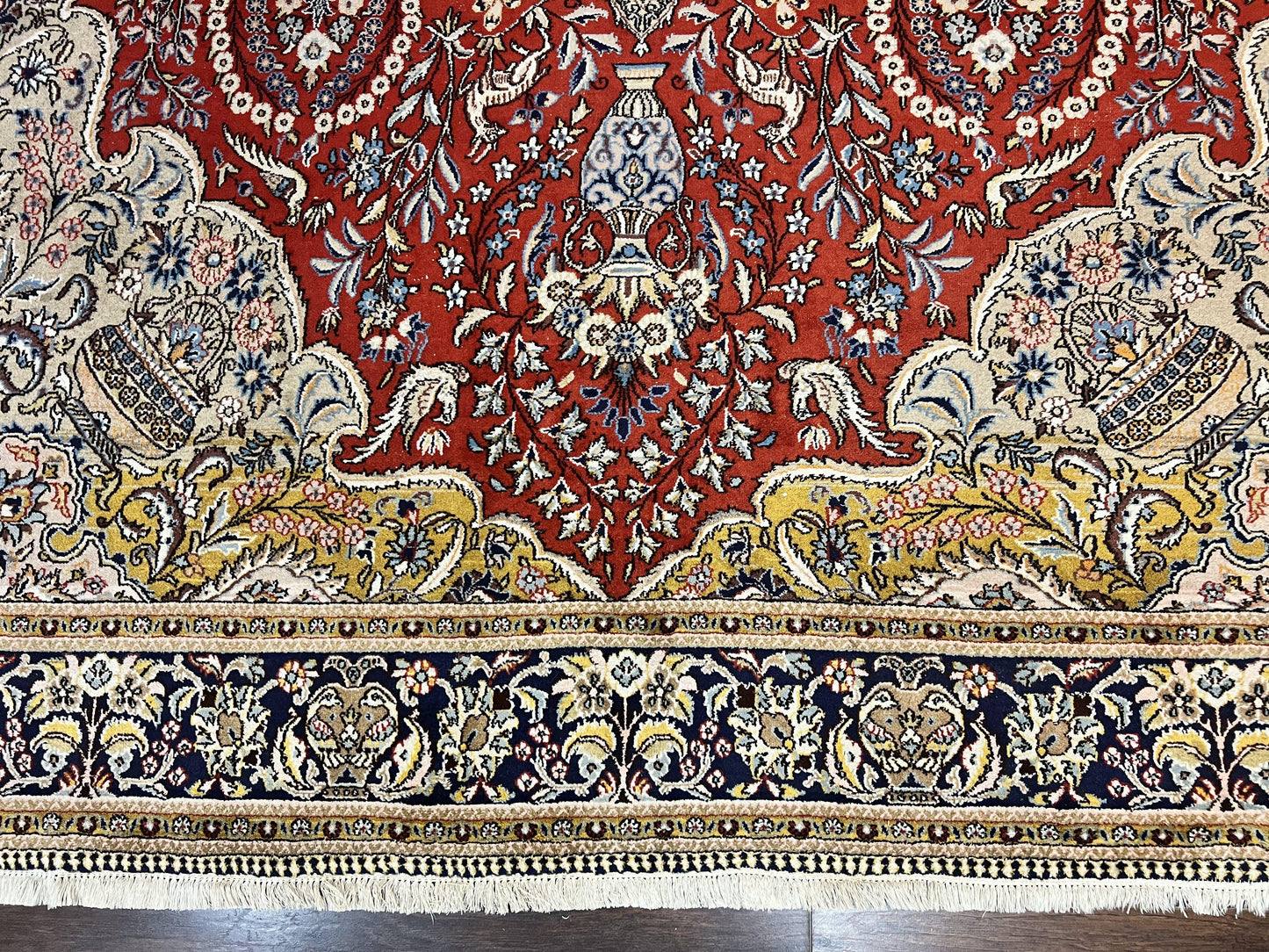 Wonderful Persian Qum Rug 10x14, Wool w/ Silk Highlights, Hand Knotted Semi Antique Vintage Carpet, Red, Floral, Fine Weave, Birds Deer Pictorials