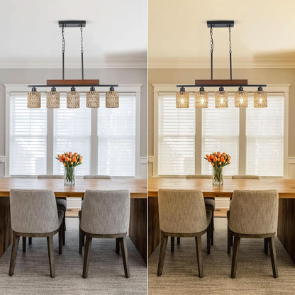 Rattan Farmhouse 5 Light Linear Chandelier Black Lighting