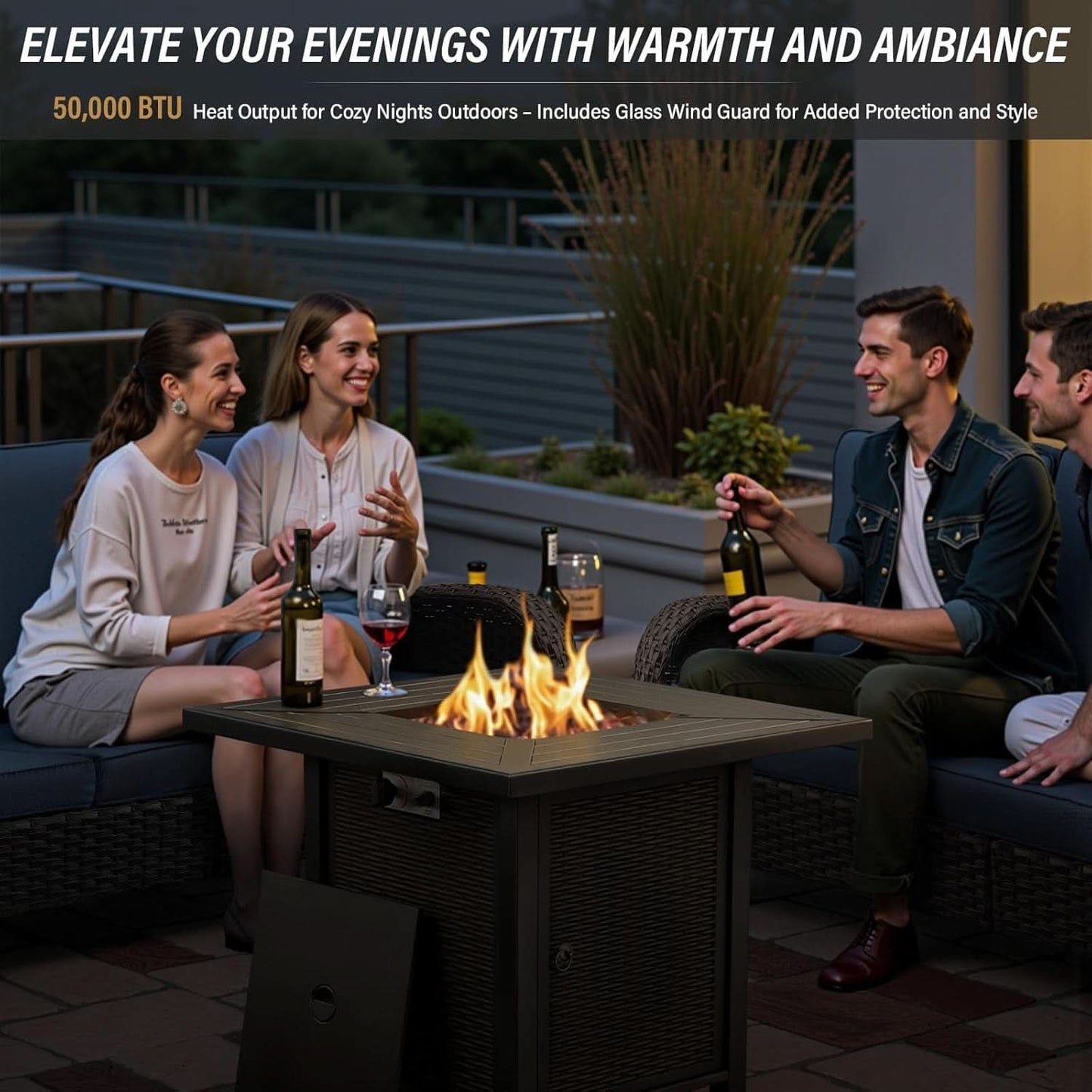 7 Piece Patio Set With Fire Pit Table And Swivel Rocker Chairs