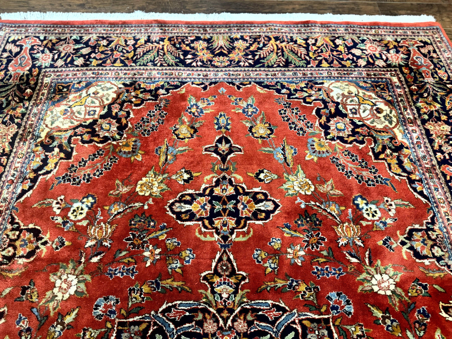 Indo Persian Rug 7x10, Vintage Handmade Wool Carpet, Floral Medallion Traditional Rug, Red and Midnight Blue