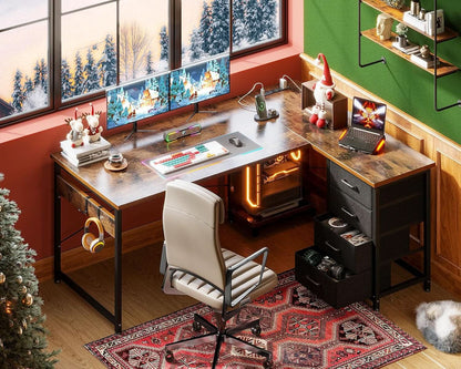 L Shaped Desk With USB Ports And 4 Drawers 53 Inch