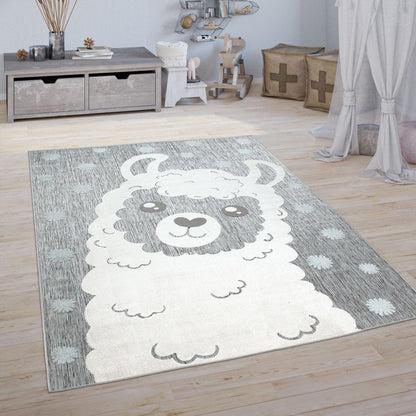 Kids Rug Lilo with Cute Llama Motif - Grey White