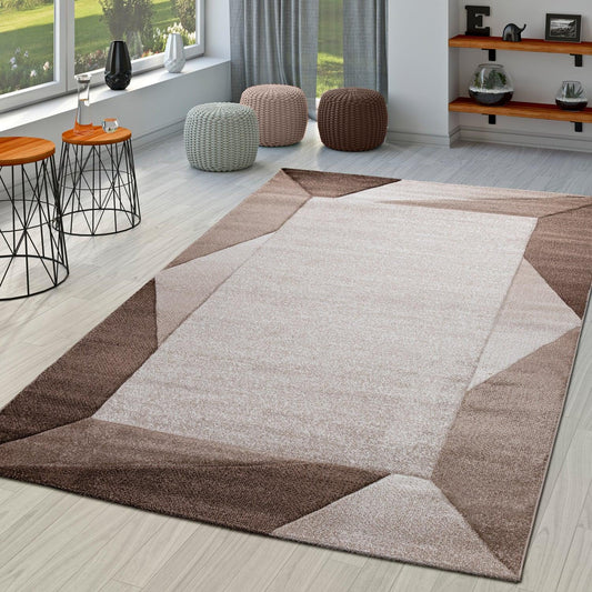 Living Room Rug Madeira Bordered with Geometric Pattern - Brown Beige