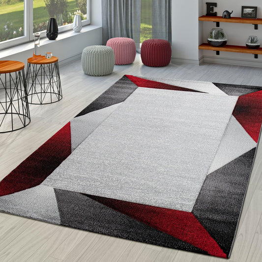 Living Room Rug Madeira Bordered with Geometric Pattern - Grey Red