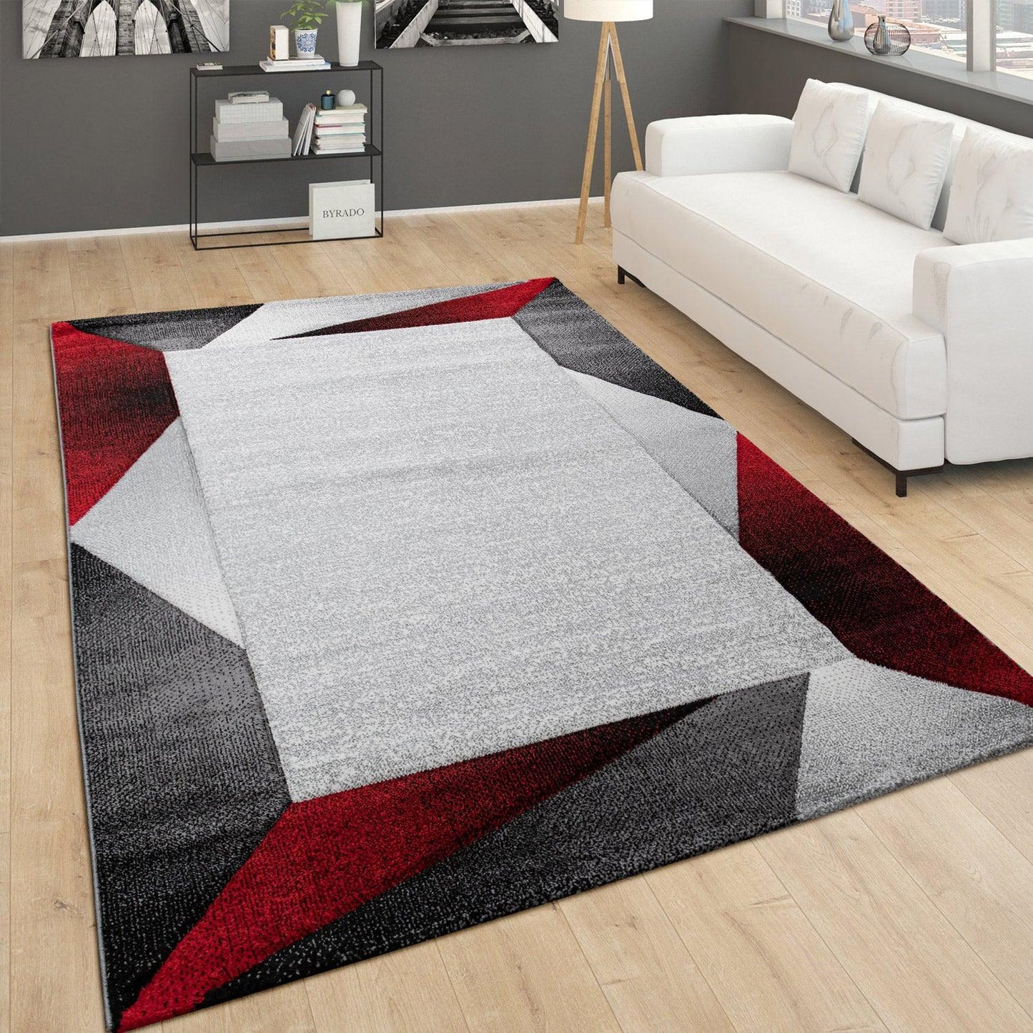 Living Room Rug Madeira Bordered with Geometric Pattern - Grey Red