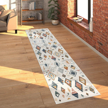 Area Rug Cream Low-Pile Boho Style Colorful Diamond Pattern