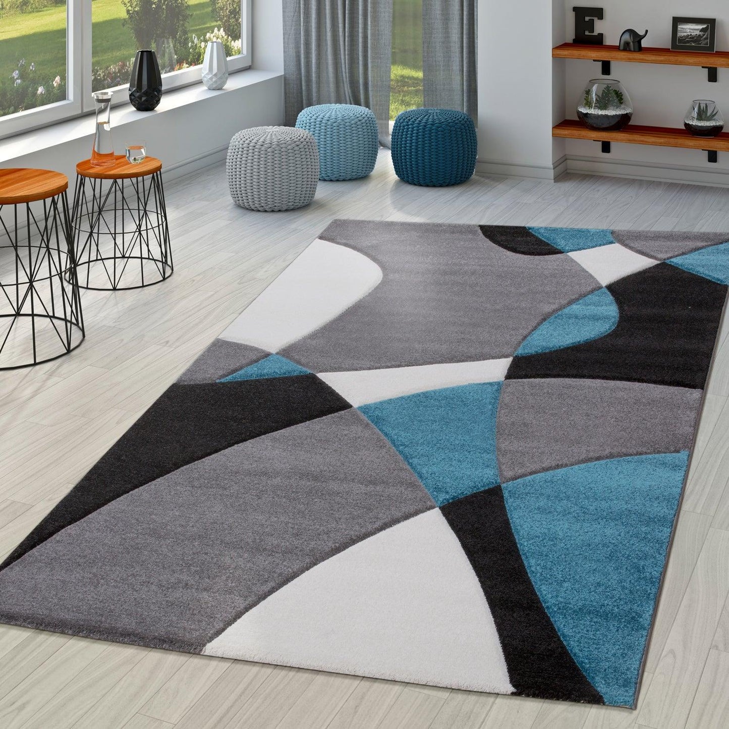 Area Rug Madeira Abstract Curved Pattern - Grey Blue