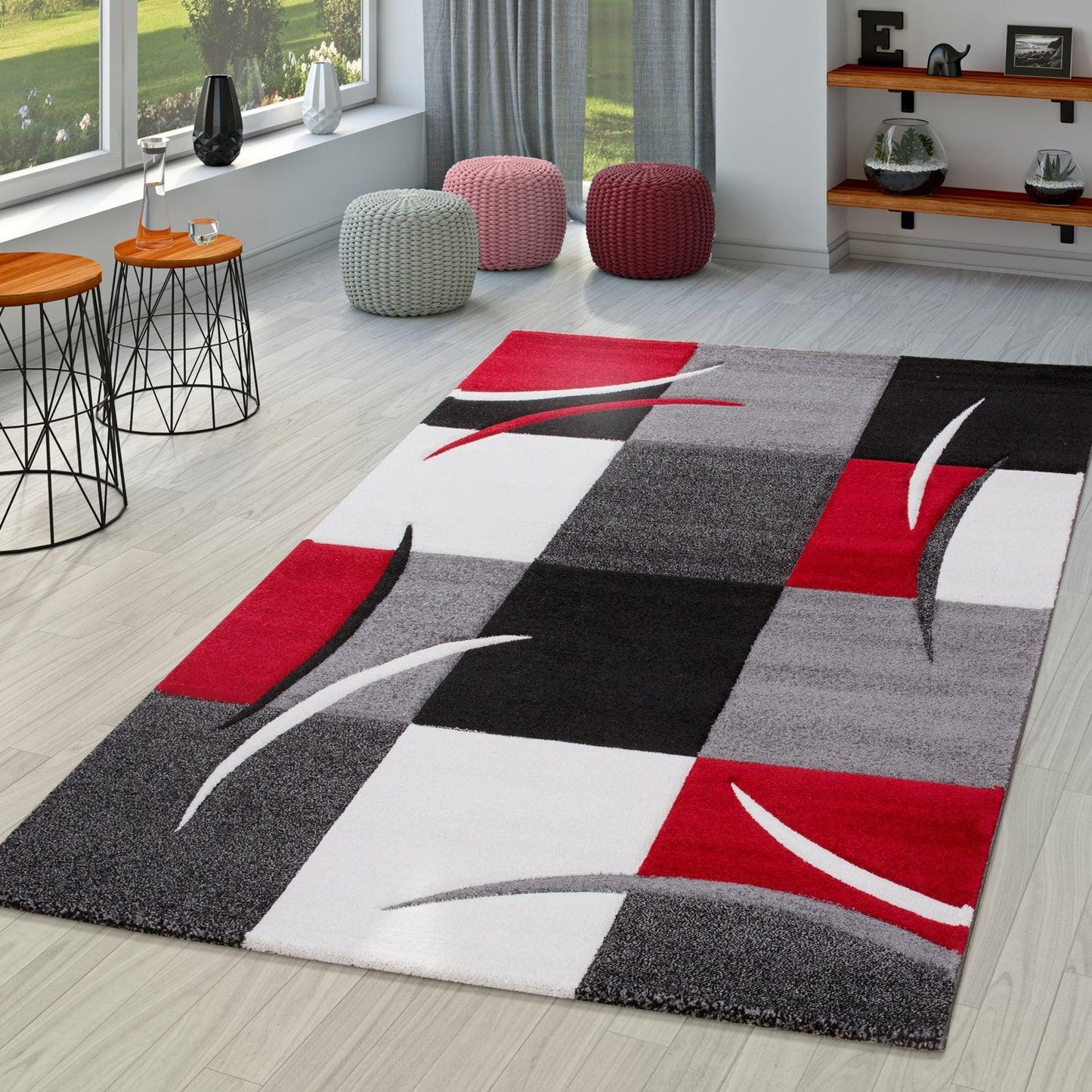 Area Rug Madeira Checkered with Contour Cut - Grey Red