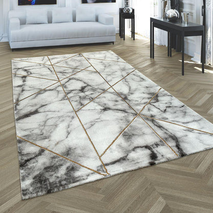 Area Rug Marble Pattern Hardwearing in Grey Gold Cream
