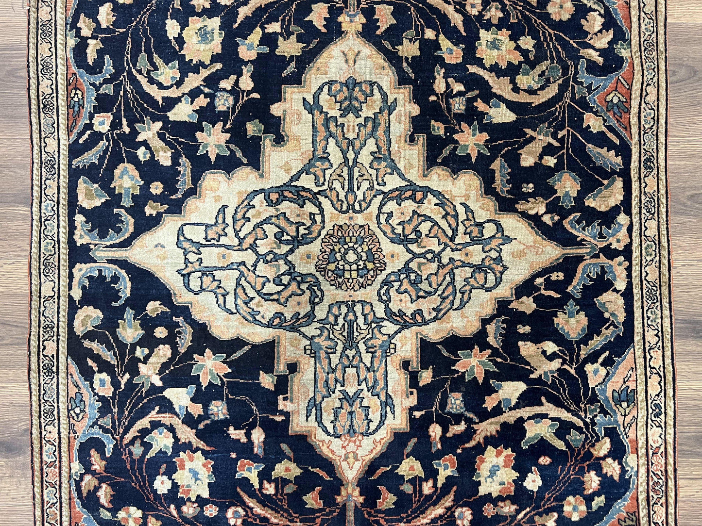 Antique Persian Rug 3.5 x 5, Sarouk Farahan Rug, High Quality 1920s Fine Oriental Carpet 3 x 5 ft, Large Medallion, Floral, Navy Blue Red, Hand Knotted Wool Rug