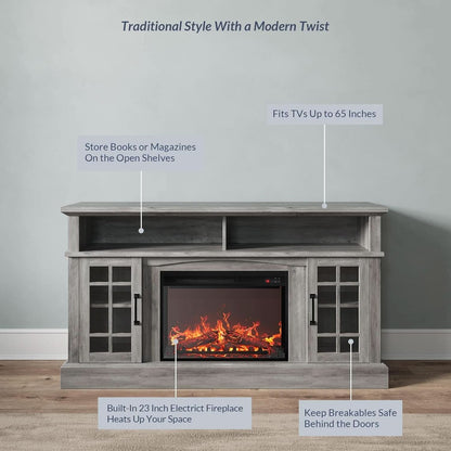 58 Inch Rustic TV Stand With Electric Fireplace And Storage