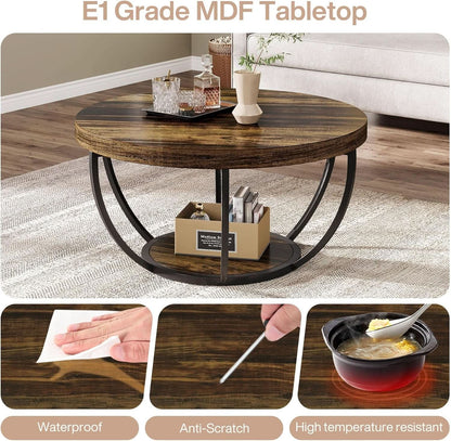 Round Coffee Table 31.7Inches Rustic Brown Storage