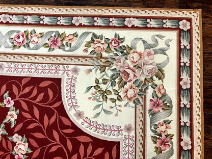 Wonderful Aubusson Rug 9x12, Handmade Vintage Needlepoint Carpet, Red and Ivory, Elegant European Design, Wool
