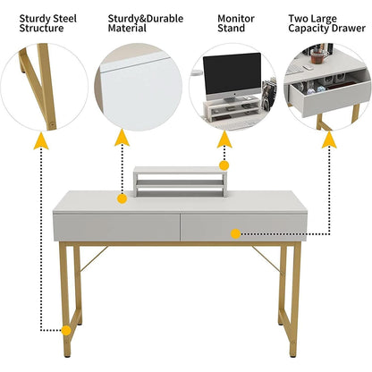 White Home Office Desk With Drawer And Monitor Stand