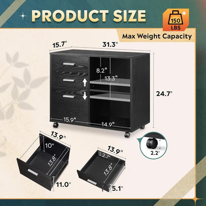 Black 3 Drawer Mobile File Cabinet And Printer Stand With Open Shelves Wood Lateral Filing Cabinet For Home Office