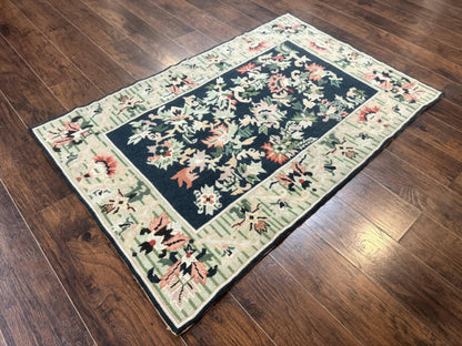 Vintage American Needlepoint Rug 4x6, Dark Green, Wool, Handmade, Flatweave Carpet
