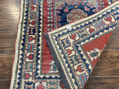Turkish Kazak Rug 3x4, Wool Hand Knotted Small Vintage Carpet, Red Navy Blue, 3 x 4 Oriental Rug, Geometric Design