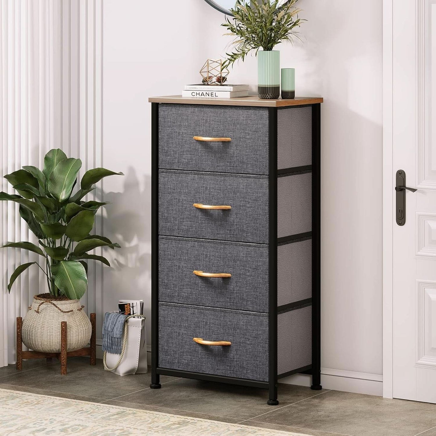 4 Drawer Dresser With Wooden Top And Fabric Storage