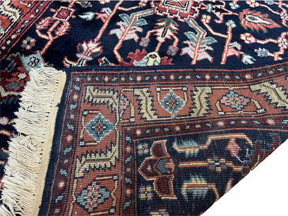 4x6 Vintage Handmade Wool Geometric Rug Organic Dyes Blue Red Hand-Knotted Rug