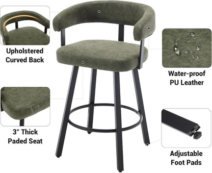 Green Leather Counter Height Bar Stools Set Of 4 With Backs 25 Inch