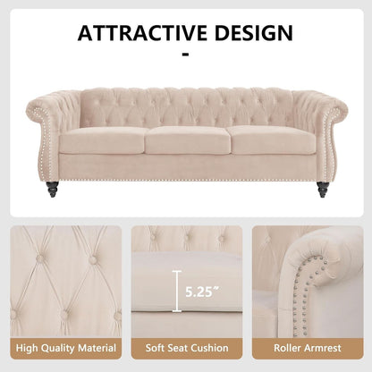 Beige Velvet 3 Piece Living Room Set With Chesterfield Sectional Sofa And Loveseat