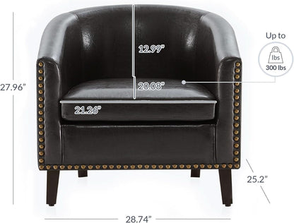 Espresso Brown Faux Leather Barrel Chair Nailhead Trim