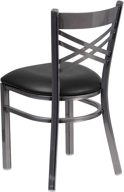 Two Pack Hercules Series Clear Coated X Back Metal Restaurant Chair Black Vinyl Seat