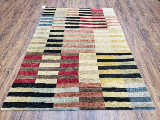 Modern Tibetan Rug 4' x 5' 9", Medium Sized Abstract Handmade Carpet, Hand-Knotted Soft Pile Wool Rug, Multicolor Contemporary Rug, Colorful