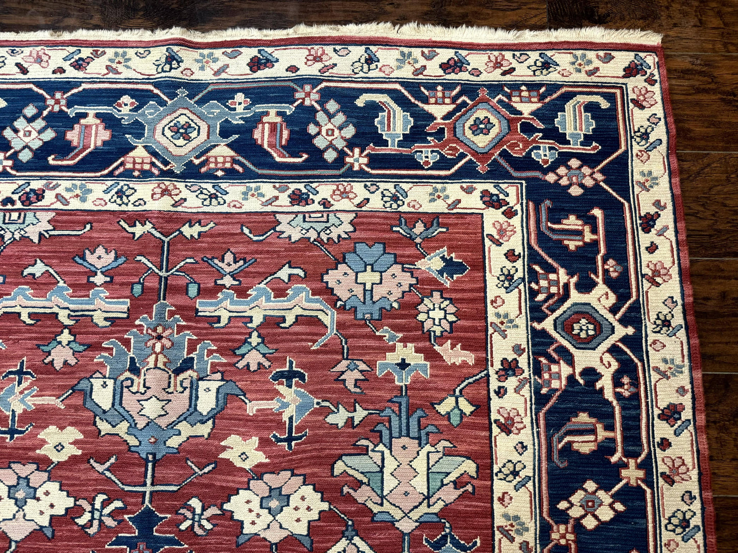 Turkish Flatweave Rug 6x9, Heriz Design, Red and Blue